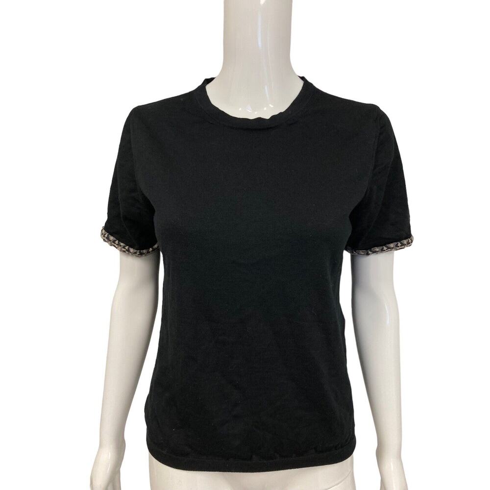 SALVATORE FERRAGAMO Black Wool Silk Gancini Trim Crewneck Short Sleeve Sweater L